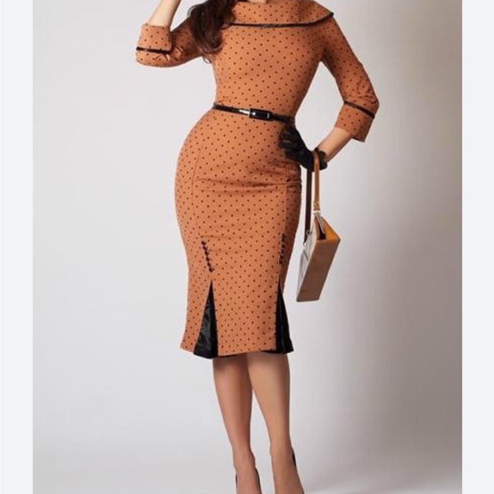 Tatyana Brown w/black Polka Dot & trim wiggle Pencil Dress Vintage Pin-Up XXL